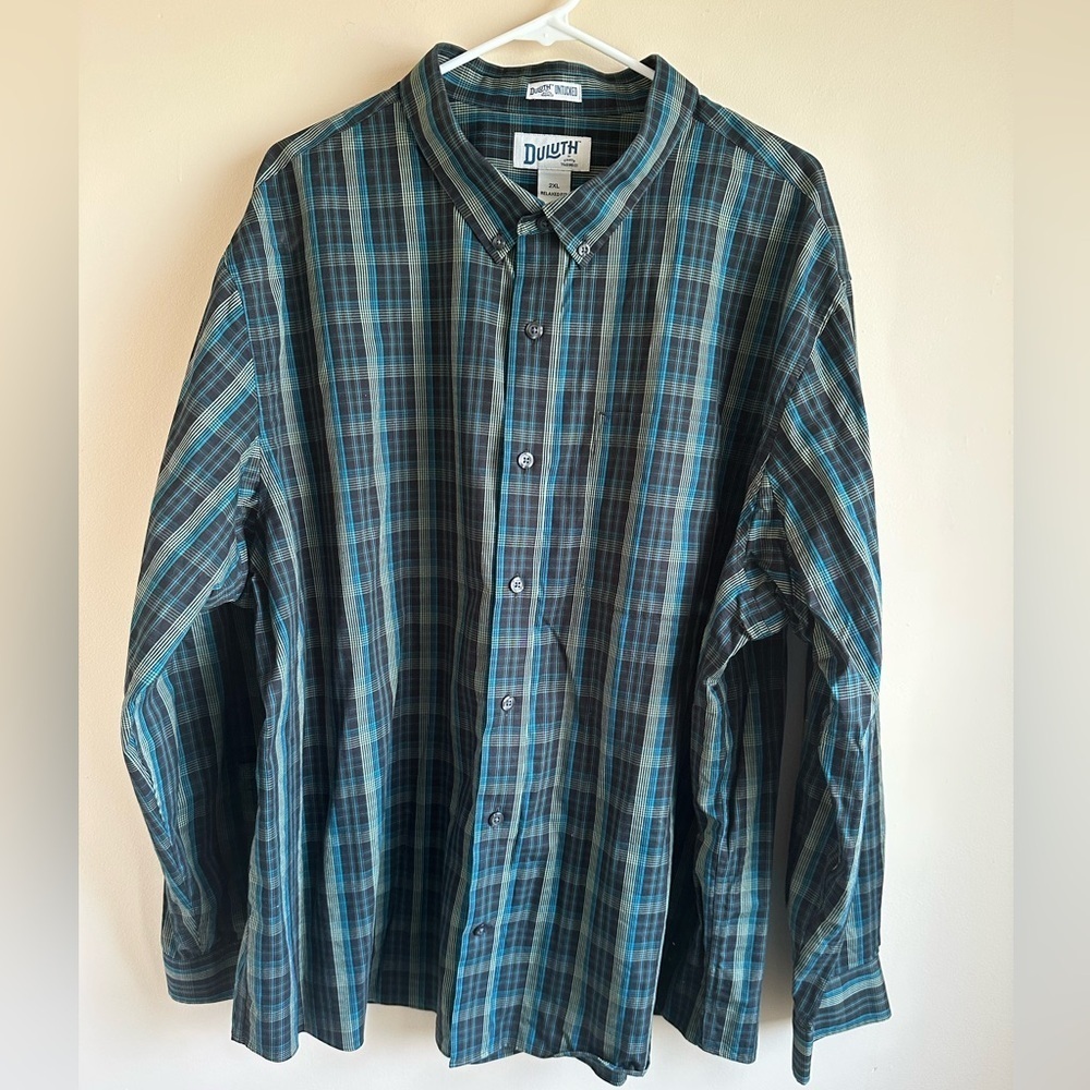 Duluth Trading Mens Cotton Shirt 2XL Nightfall Blue Button Up Long Sleeve Pocket